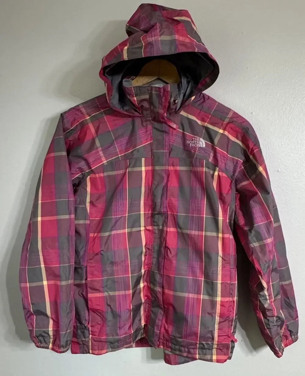 The North Face Hyvent Hooded Rain Jacket Girl Youth XL Pink Plaid Full Zip